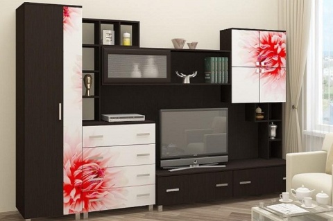 Гостиная Сицилия МДФ (Ш -3200 × В -2070 × Г-570 мм)/Венге + Белый Фотопечать на Выбор